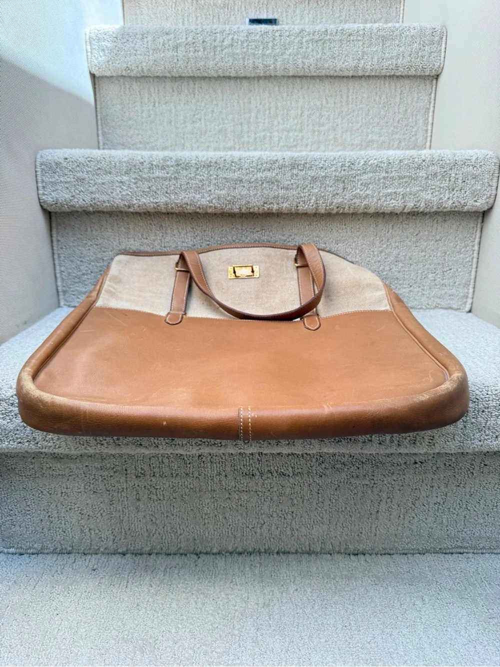 Hermes Tan & Cream Canvas Leather Messenger Tote